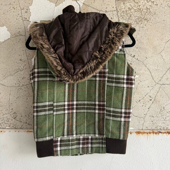 Y2K Puffer Vest Green Plaid Wool Blend Faux Fur Hood Quilted Lining Womens Prep - Picture 4 of 9
